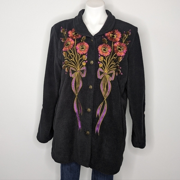 Bob Mackie Jackets & Blazers - Bob Mackie black orange floral embroidered fleece jacket L